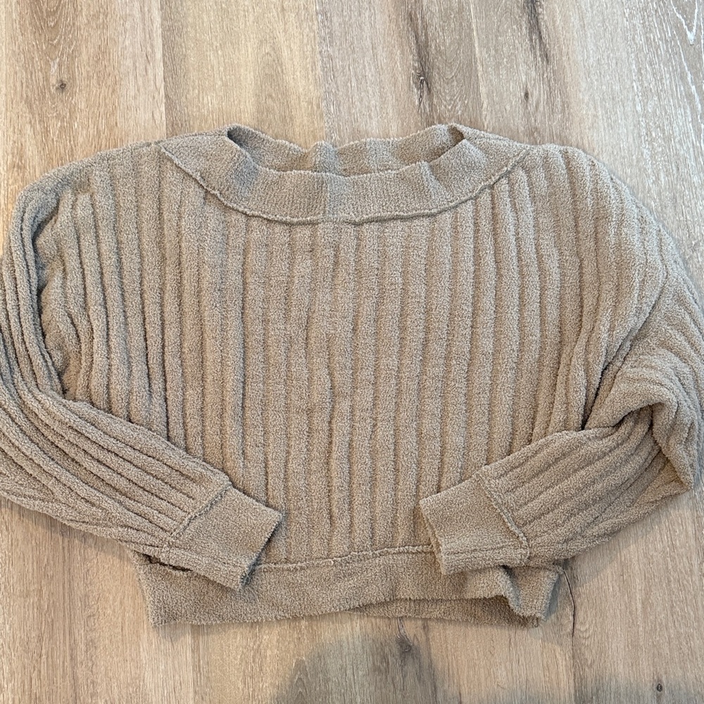 Free People Cropped Ribbed Crewneck Sweater in Taupe
